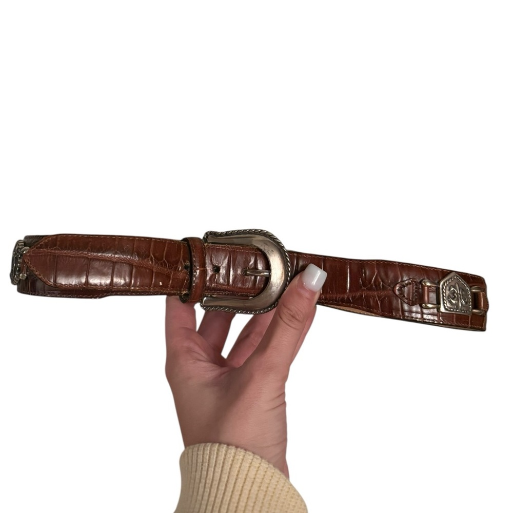 Vintage Brighton Brown Croc-Embossed Leather Belt Silver Horse Rodeo Western